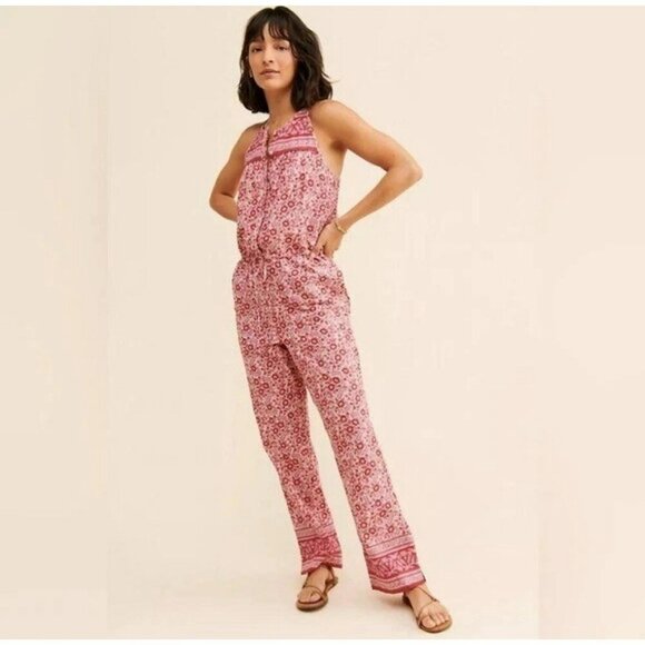 Faherty Adella Floral Jumpsuit Size XS Red Pink Pockets Resortwear - Picture 1 of 15